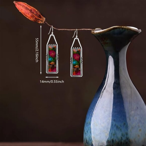 Red Handmade Bohemian Tribal Retro Colorful Square Bar Dangle Drop Earring - Picture 5 of 6